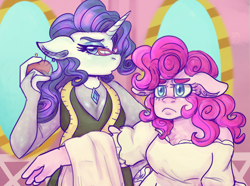 Size: 2364x1756 | Tagged: safe, artist:mimiporcellini, pinkie pie, rarity, earth pony, unicorn, anthro, g4, duo, eyebrows, female, floppy ears, frown, glasses, measuring tape, pincushion, rarity's glasses