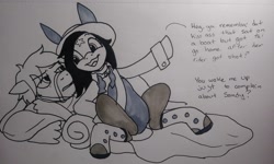 Size: 2048x1229 | Tagged: safe, artist:pony quarantine, pony, australia, bill the bastard, blanket, bunny suit, clothes, dialogue, duo, looking at each other, looking at someone, midnight (horse), text, traditional art, warpone