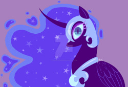 Size: 1083x738 | Tagged: safe, artist:cherrycandi, nightmare moon, alicorn, pony, g4, armor, curved horn, deviantart watermark, ethereal mane, female, helmet, horn, jewelry, lineless, looking at you, minimalist, obtrusive watermark, regalia, simple background, solo, starry mane, watermark