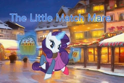 Size: 2048x1365 | Tagged: safe, artist:user15432, rarity, pony, unicorn, g4, barely pony related, basket, christmas, christmas lights, christmas village, clothes, crossover, dress, fairy tale, glowing, glowing horn, holiday, horn, looking at you, magic, magic aura, matches, pink dress, shoes, smiling, solo, telekinesis, the little match girl
