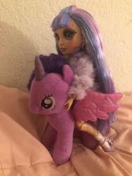 Size: 1536x2048 | Tagged: safe, artist:user15432, twilight sparkle, alicorn, human, g4, barely pony related, bedroom, crossover, doll, duo, female, humans riding ponies, irl, photo, plushie, rainbow high, riding, toy, twilight sparkle (alicorn), violet willow