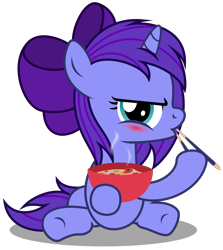 Size: 2990x3350 | Tagged: safe, artist:strategypony, oc, oc only, oc:seafood dinner, pony, unicorn, blushing, bow, bowl, chopsticks, dexterous hooves, eating, female, filly, foal, food, hair bow, high res, hoof hold, horn, looking at you, seafood, shadow, simple background, sitting, solo, transparent background, unicorn oc