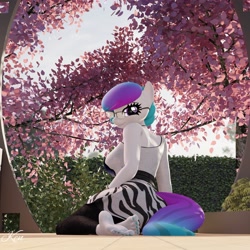 Size: 3840x3840 | Tagged: safe, artist:kenaga, oc, oc:aurora starling, earth pony, anthro, plantigrade anthro, 3d, barefoot, blender, cherry blossoms, clothes, cute, feet, female, flower, flower blossom, gift art, glasses, grin, high res, looking at you, looking back, looking back at you, nail polish, pants, skirt, smiling, smiling at you, soles, solo, tank top, toenail polish, toes, tree