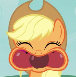 Size: 789x800 | Tagged: safe, screencap, applejack, earth pony, pony, apple family reunion, g4, apple, cheek bulge, cropped, eating, eyelashes, eyes closed, food, full mouth, hat, herbivore, imminent gulp, solo