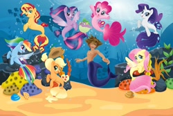 Size: 3000x2000 | Tagged: safe, artist:user15432, applejack, fluttershy, pinkie pie, rainbow dash, rarity, spike, sunset shimmer, twilight sparkle, alicorn, fish, mermaid, merman, puffer fish, sea pony, seapony (g4), g4, my little pony: the movie, barely pony related, bubble, coral, coral reef, cowboy hat, crossover, fin wings, fins, hat, high res, kelp, kingdom hearts, looking at you, male, mermanized, mermay, rock, seaponified, seapony applejack, seapony fluttershy, seapony pinkie pie, seapony rainbow dash, seapony rarity, seapony sunset, seapony twilight, seashell, seaweed, sora, soralight, species swap, spike the pufferfish, twilight sparkle (alicorn), underwater, water, wings
