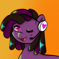 Size: 2048x2048 | Tagged: safe, artist:mlpstim, oc, oc only, oc:tmoney, earth pony, pony, dreadlocks, female, gradient background, headset, headset mic, high res, mare, one eye closed, open mouth, open smile, smiling, solo, wink