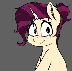 Size: 761x742 | Tagged: safe, artist:pinkberry, oc, oc:mulberry merlot, pony, unicorn, colored sketch, crying, doodle, gray background, simple background, sketch, solo, tears of joy