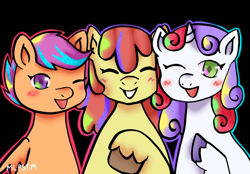 Size: 2048x1423 | Tagged: safe, artist:mlpstim, apple bloom, scootaloo, sweetie belle, earth pony, pegasus, pony, unicorn, g4, alternate hair color, black background, blushing, cutie mark crusaders, eyes closed, female, filly, foal, folded wings, grin, looking at you, one eye closed, open mouth, open smile, raised hoof, simple background, smiling, toy interpretation, trio, unshorn fetlocks, wings, wink, winking at you