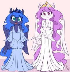 Size: 1446x1500 | Tagged: safe, artist:fuf, princess celestia, princess luna, alicorn, anthro, g4, big eyes, chest fluff, clothes, crown, dress, duo, explicit source, female, filly, filly celestia, filly luna, foal, folded wings, formal wear, horn, jewelry, looking at you, off shoulder, open mouth, pink-mane celestia, regalia, simple background, smiling, tiara, white background, wings, younger