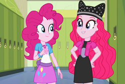 Size: 3000x2000 | Tagged: safe, artist:favoriteartman, artist:user15432, artist:yaya54320bases, pinkie pie, human, equestria girls, g4, barely eqg related, base used, bracelet, canterlot high, clothes, crossover, crystal necklace, cutie mark on clothes, diamond, dress, ear piercing, earring, equestria girls style, equestria girls-ified, geode of sugar bombs, hand on hip, hat, high res, jacket, jewelry, lockers, looking at each other, looking at someone, magical geodes, mara pinkett, necklace, piercing, pink hair, pink skin, rainbow high, shadow high, smiling, sparkly