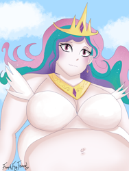 Size: 2304x3072 | Tagged: dead source, safe, artist:frenchfryfoxes, princess celestia, human, g4, bbw, belly, belly button, big belly, breasts, busty princess celestia, chubbylestia, cleavage, fat, female, high res, humanized, solo