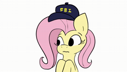 Size: 1920x1080 | Tagged: safe, artist:tjpones, fluttershy, pegasus, pony, g4, animated, baseball cap, bust, cap, dialogue, fbi, female, glow in the dark, glowie, hat, mare, simple background, solo, sound, talking to viewer, undercover, webm, white background