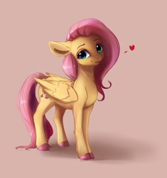 Size: 2316x2460 | Tagged: safe, artist:miokomata, fluttershy, pegasus, pony, g4, brown background, colored hooves, cute, daaaaaaaaaaaw, female, floating heart, floppy ears, freckles, freckleshy, heart, high res, looking at you, mare, shyabetes, simple background, smiling, smiling at you, solo, sternocleidomastoid