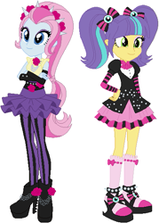 Size: 415x579 | Tagged: safe, artist:sturk-fontaine, pixel pizazz, violet blurr, human, equestria girls, g4, 80s, base used, crossed arms, duo, duo female, female, flower, flower in hair, gothic lolita, hand on hip, lolita fashion, pigtails, simple background, slender, thin, twintails, white background