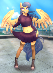Size: 2252x3072 | Tagged: safe, artist:nanazdina, oc, oc only, oc:aliya putri, anthro, anthro oc, bedroom eyes, clothes, commission, converse, female, high res, ibispaint x, lidded eyes, midriff, rooftop, shoes, skirt, socks, solo, thigh highs