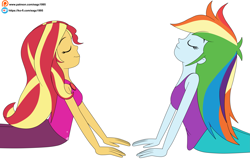 Size: 5479x3564 | Tagged: safe, artist:eagc7, rainbow dash, sunset shimmer, human, equestria girls, g4, my little pony equestria girls: better together, wake up!, wake up!: rainbow dash, bare shoulders, clothes, duo, duo female, facing each other, female, ko-fi, patreon, patreon reward, simple background, sleeveless, slender, tank top, thin, white background, yoga