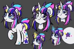 Size: 1237x825 | Tagged: safe, artist:partypievt, oc, oc only, oc:indigo wire, pony, unicorn, female, gray background, mare, simple background, smiling, solo, stars