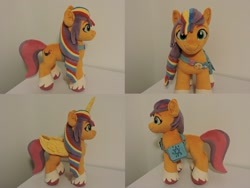 Size: 1597x1199 | Tagged: safe, artist:little-broy-peep, sunny starscout, alicorn, earth pony, pony, g5, bag, coat markings, concave belly, cute, detachable horn, detachable wings, eyelashes, female, folded wings, hooves, horn, irl, looking at you, looking forward, mane stripe sunny, mare, multicolored hair, photo, pins, plushie, race swap, rainbow hair, saddle bag, slender, smiling, socks (coat markings), solo, sunnybetes, sunnycorn, thin, twilight sparkle's cutie mark, unshorn fetlocks, wings