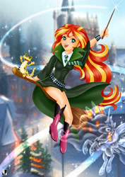 Size: 1000x1414 | Tagged: safe, artist:lord--opal, princess celestia, ray, sunset shimmer, alicorn, gecko, human, leopard gecko, pony, equestria girls, g4, arms in the air, belt, boots, bracelet, broom, cloak, clothes, crossover, female, flying, harry potter (series), hogwarts, human coloration, jewelry, magic wand, necktie, open mouth, open smile, patronus, raised arm, shoes, sidesaddle, slytherin, smiling, spiked wristband, tongue out, uniform, wristband