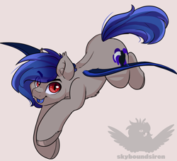 Size: 2200x2000 | Tagged: safe, artist:skyboundsiren, oc, oc only, bat pony, pony, blue insides, chest fluff, commission, ear fluff, fangs, full body, high res, hooves, male, red eyes, signature, simple background, simple shading, slit pupils, solo, spine