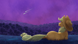 Size: 1920x1080 | Tagged: safe, artist:nikosh14, applejack, earth pony, pony, g4, facing away, female, implied bright mac, implied pear butter, looking up, lying down, mare, night, on side, scenery, shooting star, solo