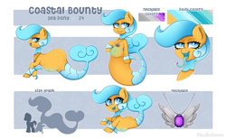 Size: 3000x1842 | Tagged: safe, artist:madelinne, oc, oc only, sea pony, abdominal bulge, belly, belly button, blue insides, butt, chibi, fish tail, jewelry, large butt, long tongue, necklace, reference sheet, size comparison, tail, tongue out