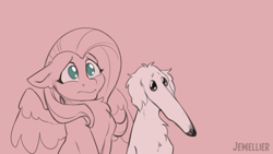 Size: 1280x720 | Tagged: safe, artist:jewellier, fluttershy, dog, pegasus, pony, g4, borzoi, bust, cute, didn't i do it for you, partial color, portrait, simple background, video at source, worried, youtube link