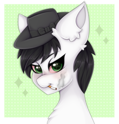 Size: 2200x2300 | Tagged: safe, artist:saltyvity, oc, earth pony, pony, angry eyes, angry face, black hair, black hat (villainous), black mane, blushing, cigar, cigarette, commission, ear fluff, fluffy, green background, green eyes, hat, high res, simple background, smoking, solo, sparkles, white body