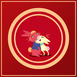 Size: 2160x2160 | Tagged: safe, anonymous artist, big macintosh, fluttershy, rabbit, series:fm holidays, g4, animal, bunnified, bunnyshy, chinese new year, clothes, cute, eyes closed, female, high res, jacket, lineless, lunar new year, macabetes, male, no pupils, nuzzling, open mouth, open smile, ribbon, ship:fluttermac, shipping, shyabetes, sitting, smiling, species swap, straight, tiptoe, year of the rabbit