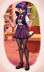 Size: 1460x2350 | Tagged: safe, artist:king-kakapo, twilight sparkle, human, g4, blouse, book, button-up shirt, clothes, female, golden oaks library, high heels, humanized, jewelry, librarian, library, mary janes, necklace, pantyhose, plaid skirt, ribbon bow tie, shirt, shoes, shrug, skirt, smug, solo, vest