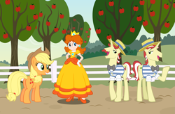 Size: 2943x1928 | Tagged: safe, artist:atomicmillennial, artist:estories, artist:kna, artist:slb94, artist:user15432, applejack, flam, flim, earth pony, human, pony, unicorn, equestria girls, g4, apple, apple daisy, apple tree, barely eqg related, barely pony related, brothers, crossover, crown, ear piercing, earring, equestria girls-ified, fence, flim flam brothers, food, hand on hip, jewelry, male, open mouth, piercing, princess daisy, regalia, siblings, smiling, stallion, super mario bros., sweet apple acres, tree