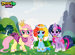 Size: 750x550 | Tagged: safe, artist:user15432, fluttershy, rainbow dash, twilight sparkle, alicorn, pegasus, pony, g4, clothes, crown, dress, dress up game, dress up who, dressupwho, glasses, glitter, hair styling, hairstyle, hairstyles, jewelry, looking at you, makeover, necklace, regalia, shoes, sparkly mane, sparkly tail, tail, trio, twilight sparkle (alicorn)