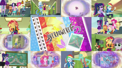 Size: 1280x721 | Tagged: safe, editor:quoterific, screencap, applejack, bon bon, bright idea, dj pon-3, fluttershy, micro chips, pinkie pie, rainbow dash, rarity, sandalwood, sci-twi, spike, sunset shimmer, sweetie belle, sweetie drops, tennis match, trixie, twilight sparkle, vinyl scratch, zephyr breeze, human, equestria girls, g4, my little pony equestria girls: better together, overpowered (equestria girls), humane five, humane seven, humane six, laughing, messy hair, musical instrument, saxophone