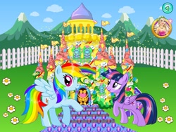 Size: 800x600 | Tagged: safe, artist:user15432, rainbow dash, twilight sparkle, alicorn, pony, g4, castle, dress up who, dressup game, dressupwho, flag, flag pole, stock vector, twilight sparkle (alicorn)