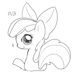 Size: 500x490 | Tagged: safe, artist:ho_ti_, apple bloom, earth pony, pony, g4, butt, female, filly, foal, lineart, looking at you, looking back, looking back at you, plot, simple background, sitting, smiling, solo, sparkles, white background