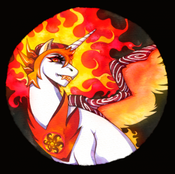 Size: 1922x1917 | Tagged: safe, artist:kanoharu, daybreaker, alicorn, pony, g4, armor, eyelashes, fangs, female, fire, flowing mane, gem, helmet, horn, ink, ink drawing, looking at you, mane of fire, mare, peytral, red eyes, simple background, solo, spread wings, teeth, traditional art, watercolor painting, wing armor, wings