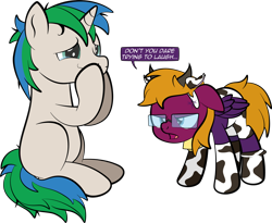 Size: 1920x1576 | Tagged: safe, artist:alexdti, oc, oc only, oc:purple creativity, oc:star logic, pegasus, pony, unicorn, blushing, blushing profusely, cowprint, crying, floppy ears, laughing, simple background, tears of laughter, transparent background