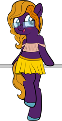 Size: 1280x2497 | Tagged: safe, artist:alexdti, oc, oc only, oc:purple creativity, pegasus, pony, bipedal, blushing, clothes, glasses, simple background, skirt, solo, top, transparent background