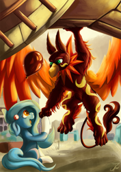 Size: 1237x1750 | Tagged: safe, artist:jamescorck, oc, oc only, earth pony, griffon, pony, duo, earth pony oc, griffon oc