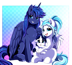 Size: 2746x2484 | Tagged: safe, artist:pridark, princess luna, oc, oc:lesa castle, alicorn, pegasus, pony, unicorn, g4, baby, baby pony, canon x oc, chest fluff, family, floppy ears, foal, high res, horn, parent:princess luna, pegasus oc, prince artemis, rule 63, tongue out, unicorn oc, wings