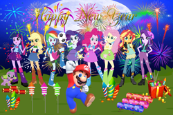 Size: 3000x2000 | Tagged: safe, artist:creaciones-jean, artist:magical-mama, artist:matrixchicken, artist:sugar-loop, artist:sunsetshimmer333, artist:user15432, applejack, fluttershy, pinkie pie, rainbow dash, rarity, spike, starlight glimmer, sunset shimmer, twilight sparkle, alicorn, dog, human, equestria girls, g4, barely eqg related, crossover, firecracker, fireworks, happy new year, happy new year 2023, high res, holiday, humane five, humane seven, humane six, looking at you, male, mario, moon, new year, new year's eve, new years eve, night, rocket, smiling, sparkler (firework), spike the dog, super mario bros., twilight sparkle (alicorn)