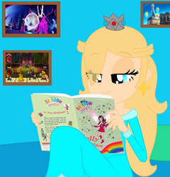 Size: 2181x2269 | Tagged: safe, artist:cryptic-kitten, artist:user15432, human, luma, equestria girls, g4, barely eqg related, base used, bed, bedroom, blanket, blue dress, book, christmas fairy, clothes, crossover, crown, cursa, dress, ear piercing, earring, equestria girls style, equestria girls-ified, high res, holly the christmas fairy, jewelry, luigi, male, mario, mario + rabbids sparks of hope, mario party, piercing, pillow, princess daisy, princess peach, princess rosalina, rabbid rosalina, rabbids, rainbow magic (series), reading, regalia, rosalina, super mario bros., super mario galaxy, super mario party, waluigi, wario