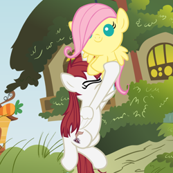 Size: 5000x5000 | Tagged: safe, artist:beavernator, fluttershy, oc, oc:fausticorn, alicorn, pegasus, pony, g4, alicorn oc, baby, baby pony, babyshy, cute, duo, duo female, eyes closed, female, fluttershy's cottage, flying, horn, shyabetes, smiling, spread wings, wings, younger