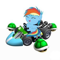 Size: 1600x1600 | Tagged: safe, artist:beavernator, rainbow dash, pegasus, pony, turtle, g4, baby, baby dash, baby pony, cute, dashabetes, eyes closed, female, filly, foal, mario kart, open mouth, open smile, simple background, smiling, solo, white background, younger