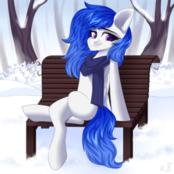 Size: 2000x2000 | Tagged: safe, artist:rinteen, oc, oc only, oc:blue visions, pegasus, pony, bench, clothes, high res, scarf, snow, solo, tree
