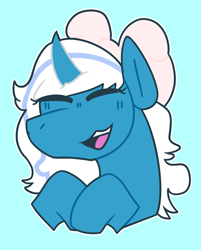 Size: 1467x1822 | Tagged: safe, artist:dragons163, oc, oc only, oc:fleurbelle, alicorn, pony, alicorn oc, blue background, bow, eyes closed, female, hair bow, happy, horn, laughing, mare, simple background, solo, wings