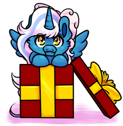 Size: 500x510 | Tagged: safe, artist:wildnature03, oc, oc only, oc:fleurbelle, alicorn, pony, alicorn oc, bow, box, christmas presents, hair bow, horn, if i fits i sits, looking at you, present, simple background, solo, transparent background, wings, yellow eyes