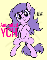 Size: 548x693 | Tagged: safe, artist:lannielona, oc, oc only, earth pony, pony, advertisement, animated, bed, belly, bellyrubs, commission, eye shimmer, female, gif, hooves on belly, looking at you, lying down, mare, on back, smiling, solo, wingding eyes, ych animation, your character here