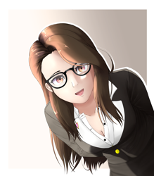 Size: 2800x3200 | Tagged: safe, artist:nihithebrony, oc, oc only, oc:sonata, human, elements of justice, turnabout storm, breasts, brown eyes, brown hair, cleavage, clothes, female, glasses, gradient background, high res, humanized, humanized oc, lawyer, leaning forward, looking at you, open mouth, smiling, smiling at you, solo, suit, unbuttoned