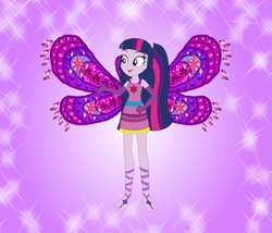 Size: 843x721 | Tagged: safe, artist:loladreamteam, artist:selenaede, artist:user15432, twilight sparkle, alicorn, fairy, human, equestria girls, g4, alternate hairstyle, barefoot, barely eqg related, base used, clothes, colored wings, crossover, dress, enchantix, fairy wings, fairyized, feet, female, gloves, gradient wings, long hair, open mouth, ponied up, purple background, purple dress, purple wings, simple background, solo, sparkly background, twilight sparkle (alicorn), wings, winx, winx club, winxified